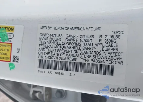 2020 Honda Accord Sport from USA, damaged, VIN 1HGCV1F32LA153288